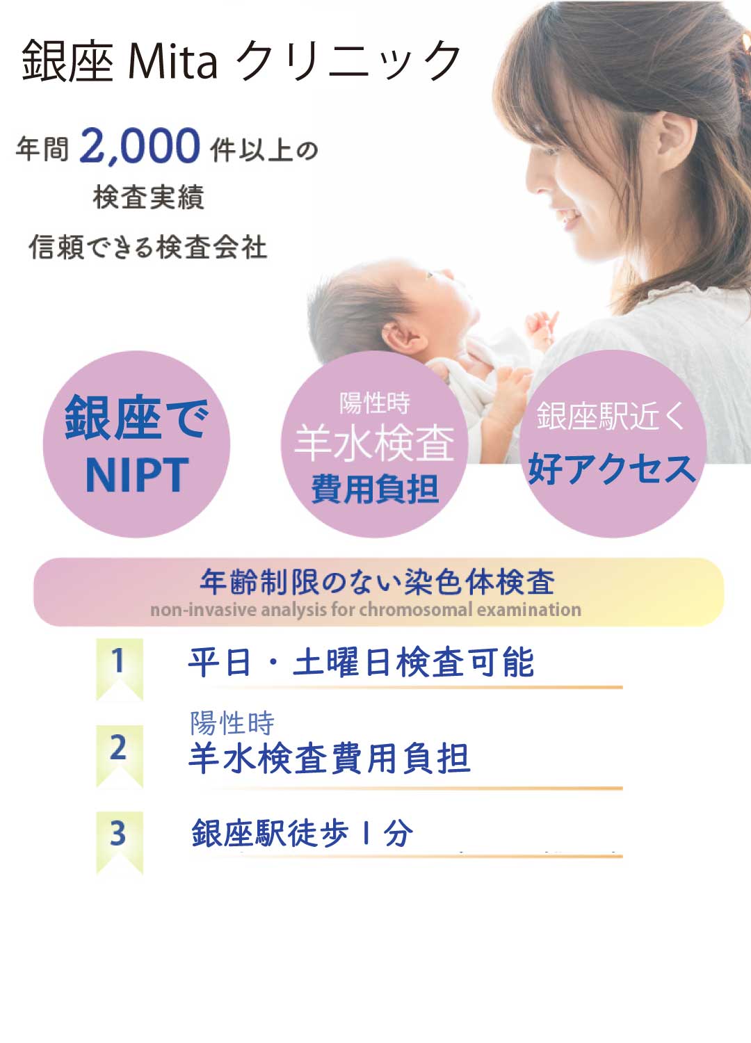 新しい家族を迎えるために。年齢制限のない染色体検査を実施しています。平日・土日でも採血が可能です。検査費用は138,000円（外税）。新橋駅、銀座駅近く。